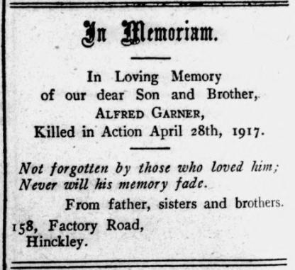 Alfred Garner d1917 In memorium The Guardian and South Leicestershire Advertiser 1 May 1925